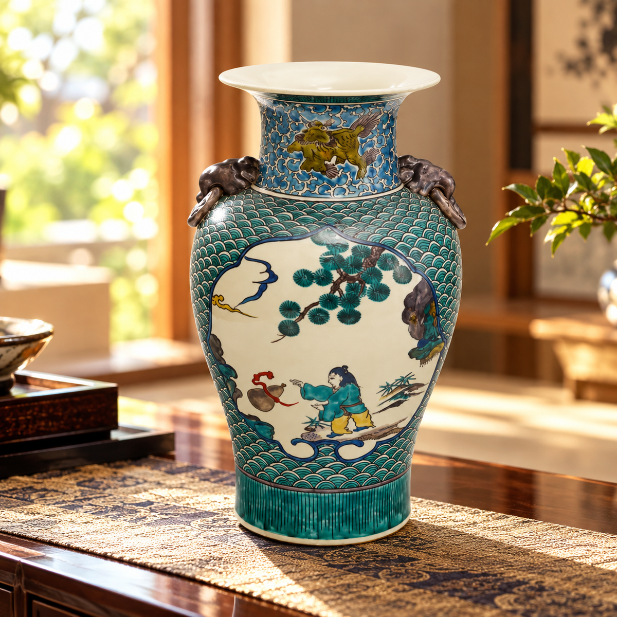 JAPANESE FLOWER VASE KUTANI FIVE-COLOR HANDLED VASE