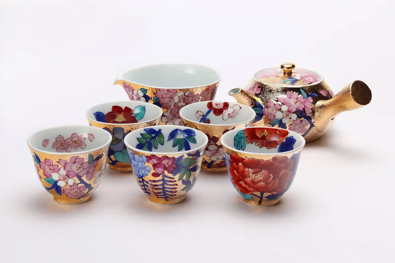 KINRYU KLIN ARITA GOLD-GILDED CHERRY BLOSSOMS TEA SET WITH WOODEN BOX