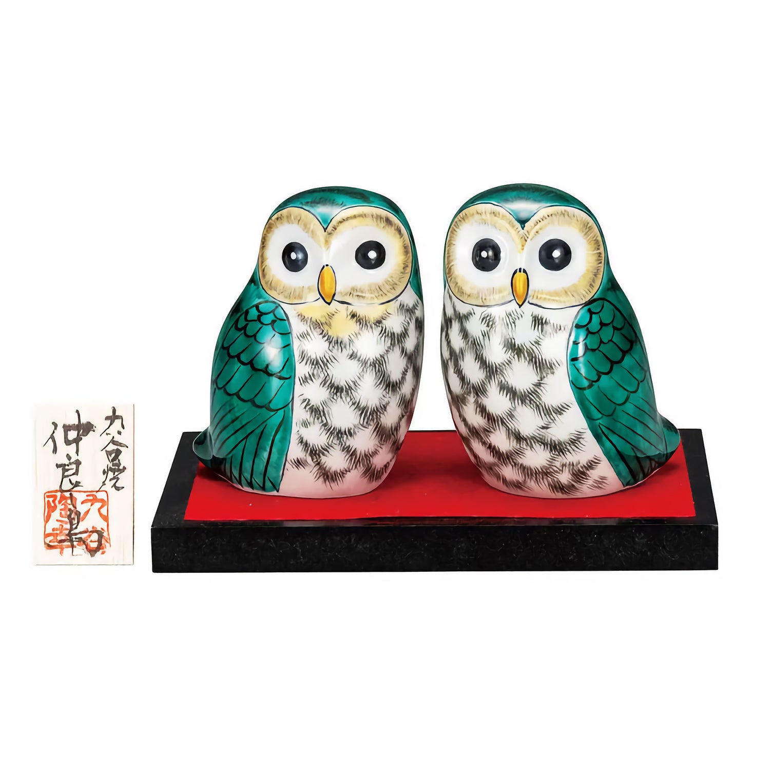 KUTANI JAPANESE PAIR OF OWLS FIGURINE GREEN GLAZE DECORATION (WITH STAND, MAT, AND NAMEPLATE INCLUDED)