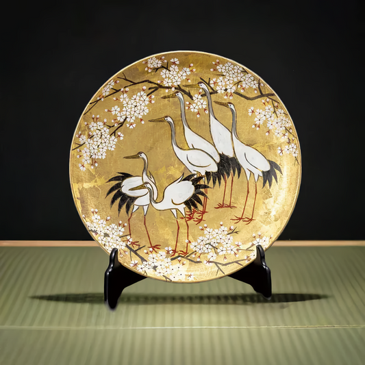 KUTANI DECORATIVE PLATE – KINPAKU GOLD-LEAF CRANES WITH STAND BY TAKASHI KITAMURA