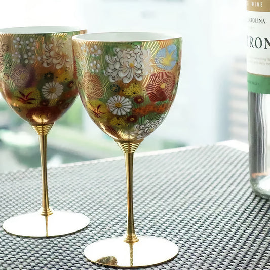 JAPANESE WINE GLASS KUTANI PAIR OF WINE CUPS KIN-HANAZUME/KOUYO KLIN