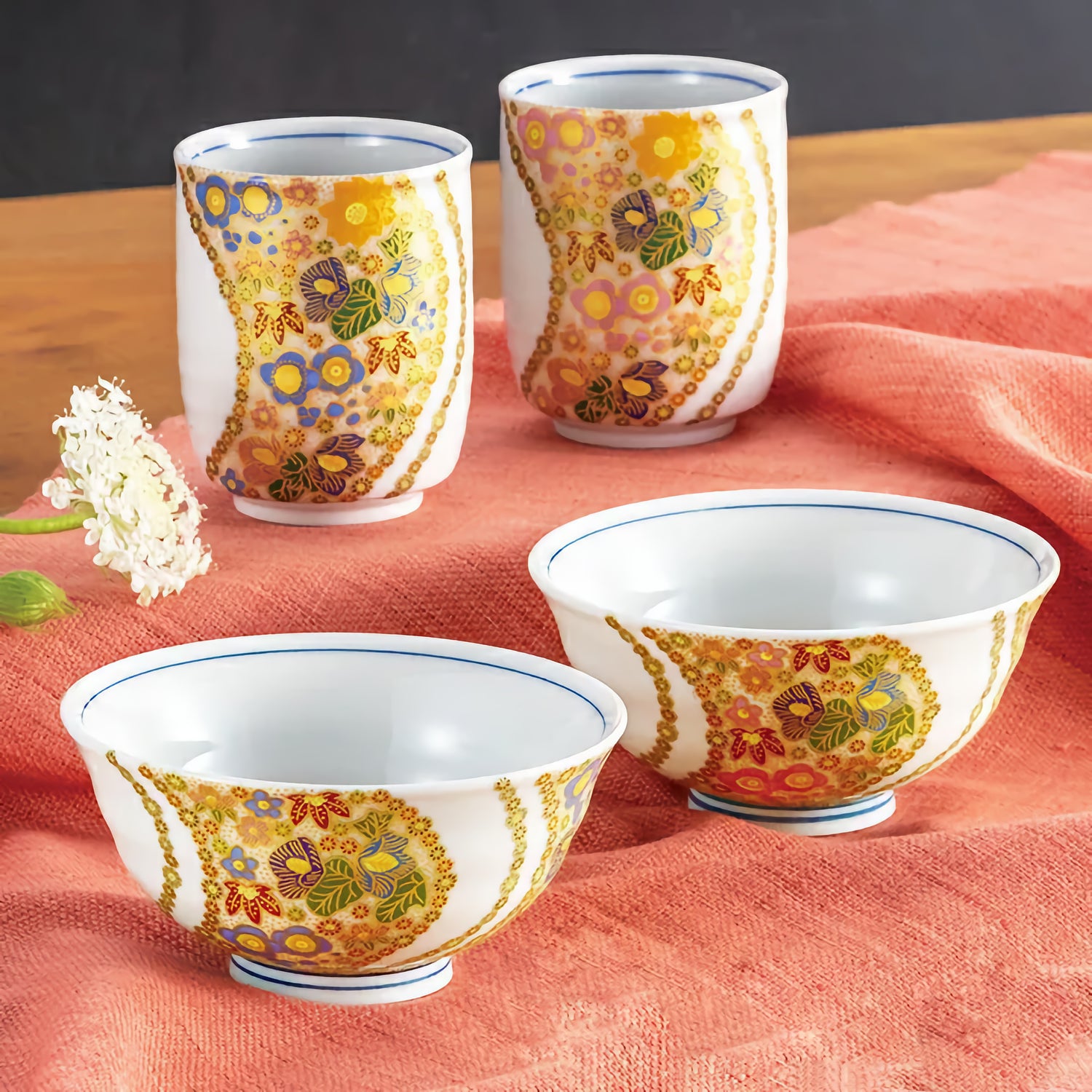 KUTANI WARE MUTSUZOROI TEA CUP SET – KYOKUSUI HANAZUME DESIGN (GIFT BOX INCLUDED)