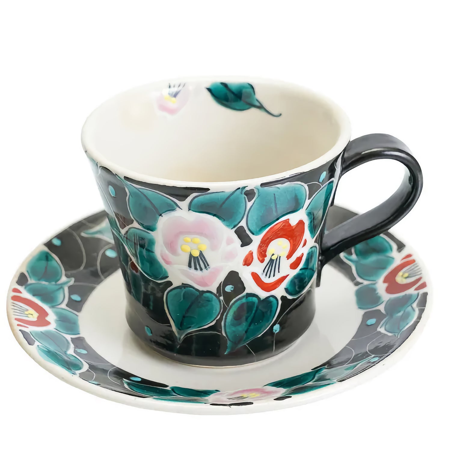 KUTANI WARE CUP & SAUCER IROE MUSŌ TSUBAKI (BLACK) /KOKUZOU KLIN