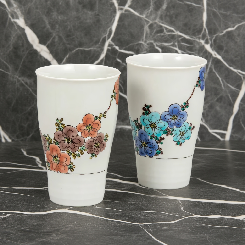 KUTANI WARE PAIR OF FREE CUPS FLORAL TREES/ KINUYO OKADA