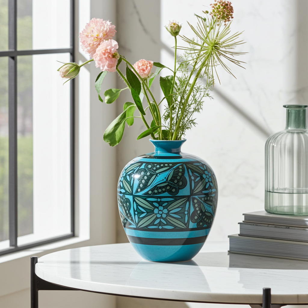 JAPANESE FLOWER VASE KUTANI BLUE-GLAZED PERSIAN BUTTERFLY MOTIF