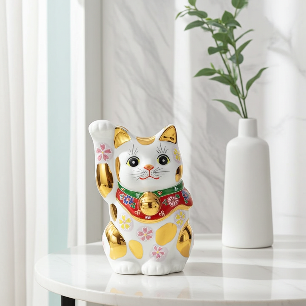 JAPANESE KUTANI PORCELAIN MANEKI NEKO – GOLD-TRIMMED RAISED DECORATION