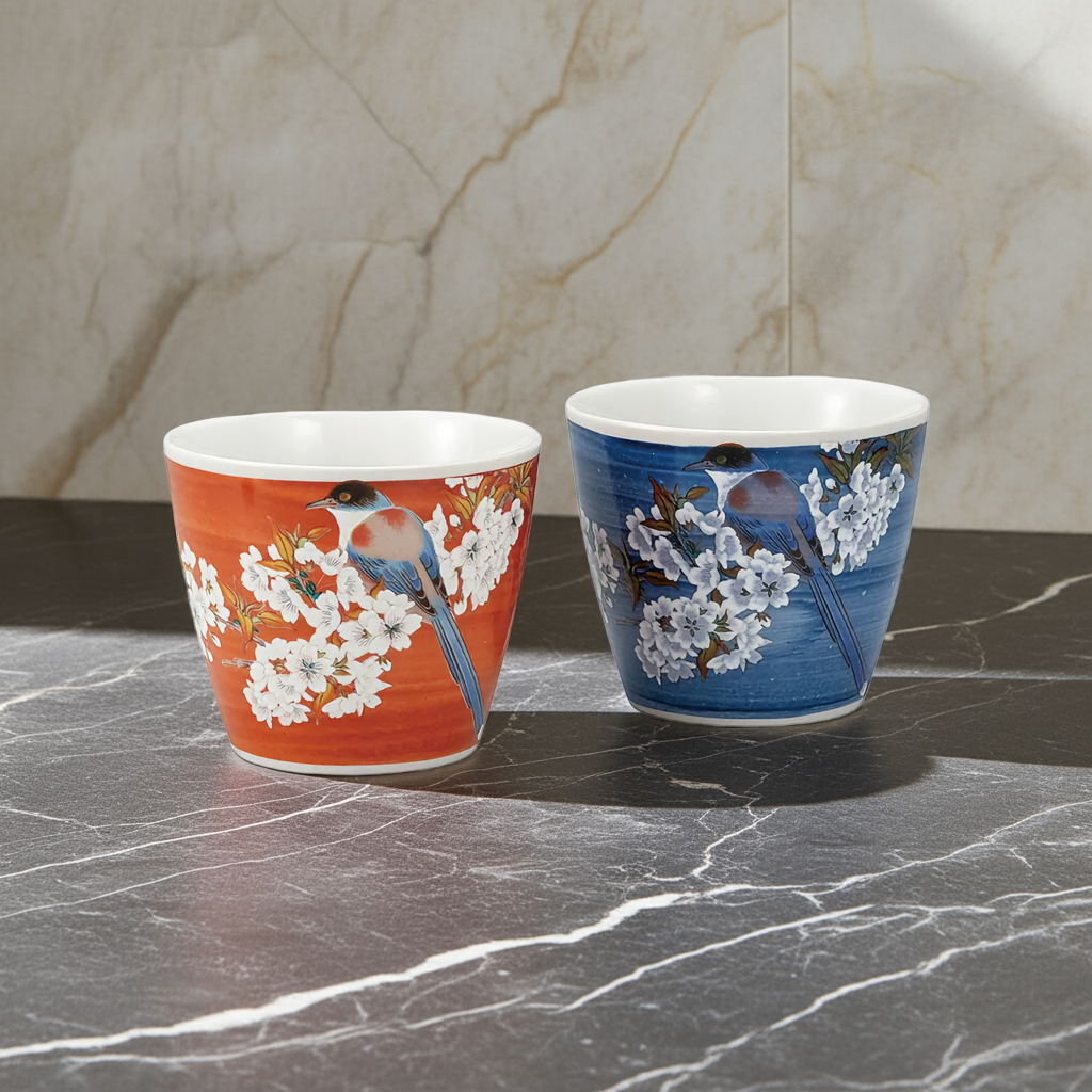 JAPANESE KUTANI PORCELAIN SHOCHU CUP SET (PAIR) – BIRD AND WILD CHERRY BLOSSOMS