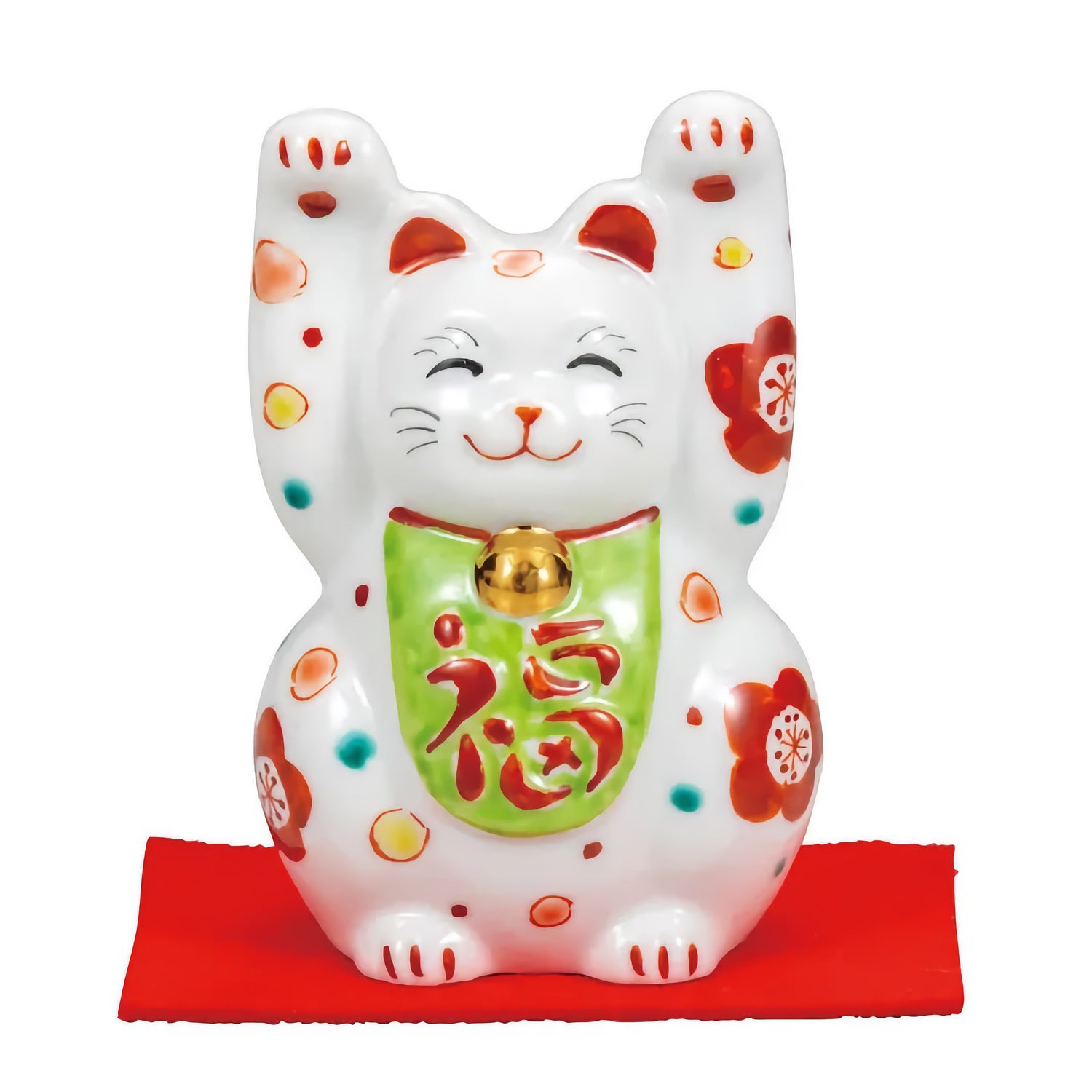 KUTANI WARE TWO-HANDED BECKONING CAT (MANEKI NEKO) WITH FLORAL DESIGN – JAPANESE LUCKY CAT