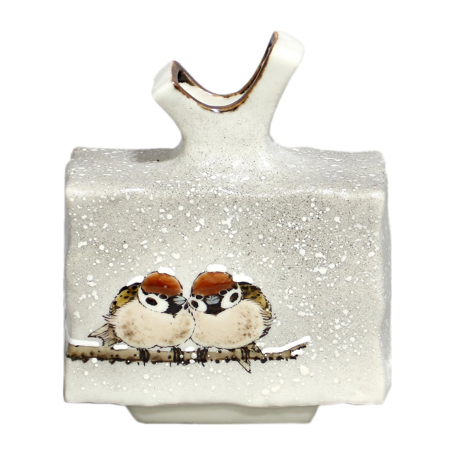 JAPANESE KUTANI DECORATIVE HENKO VASE – SNOW WITH TWIN SPARROWS MOTIF, COMPACT SIZE BY TOSHITO NAKAMURA