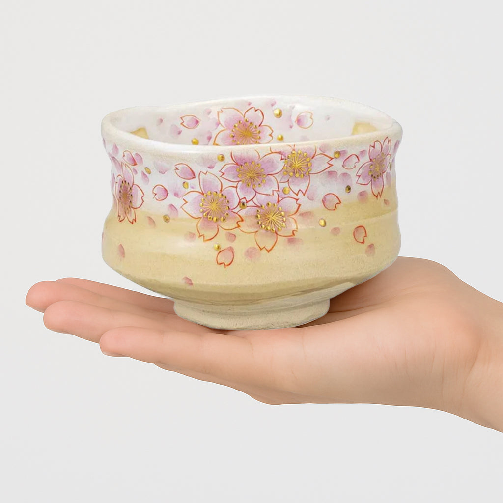 JAPANESE KUTANI WARE MATCHA BOWL – GENUINE GOLD SAKURA DESIGN BY YOSHINORI FUKUDA