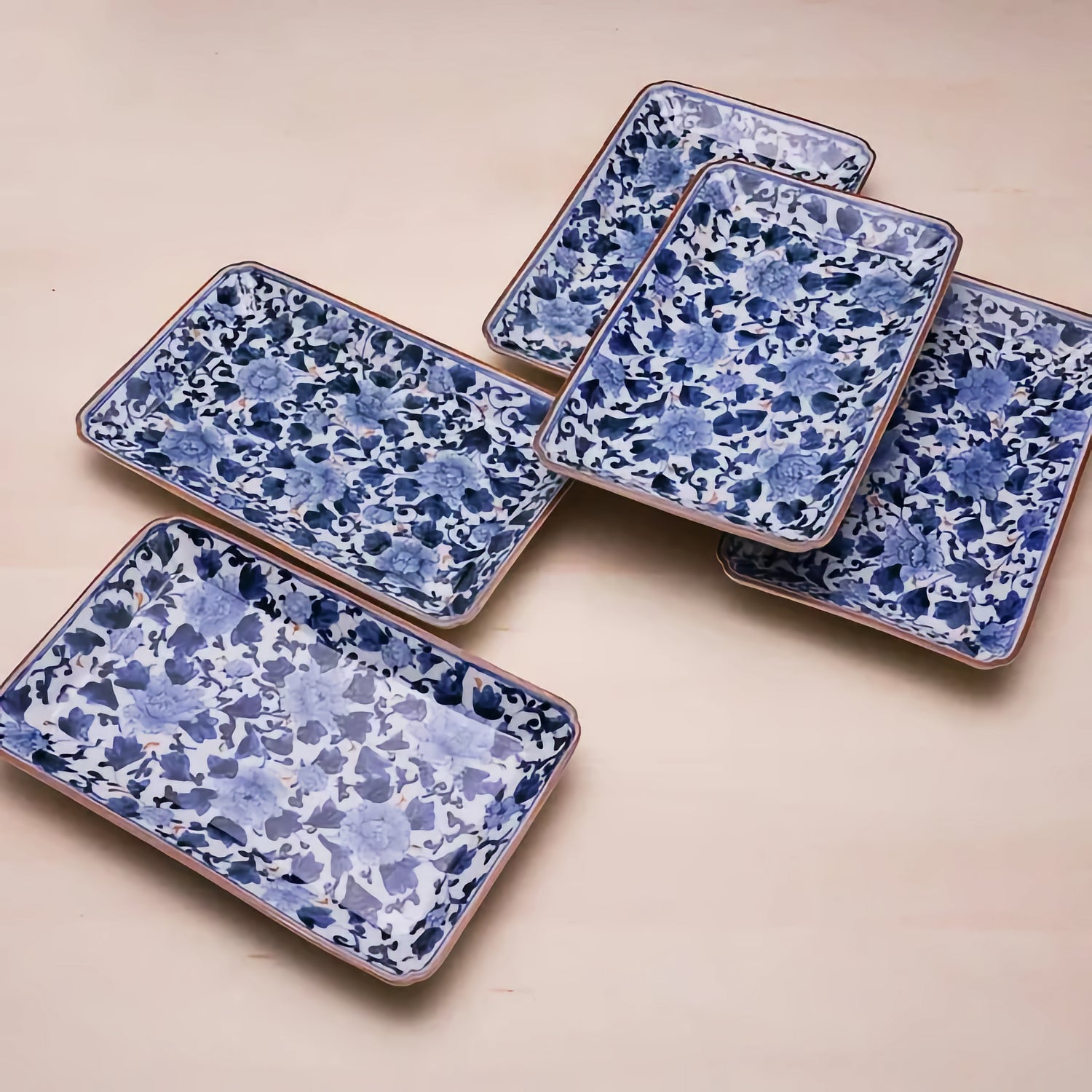 KUTANI WARE RECTANGULAR PLATE SET - IROE BOTAN KARAKUSA DESIGN / IMPERIAL HOUSEHOLD AGENCY'S DESIGNATED KILN BY CYOZA YAMAMOTO