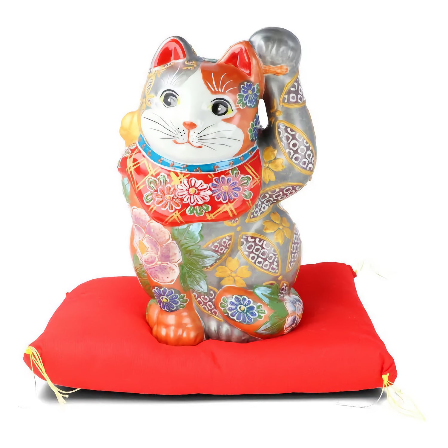 JAPAN KUTANI LUCKY CAT( MANEKI-NEKO) SILVER VERMILION FLORAL PROSPERITY (WITH CUSHION)
