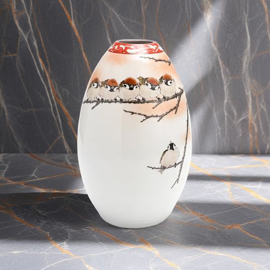 KUTANI JAPANESE FLOWER VASE BULLET-SHAPED FLOCK OF SPARROWS PAINTING”/ TOSHITO NAKAMURA