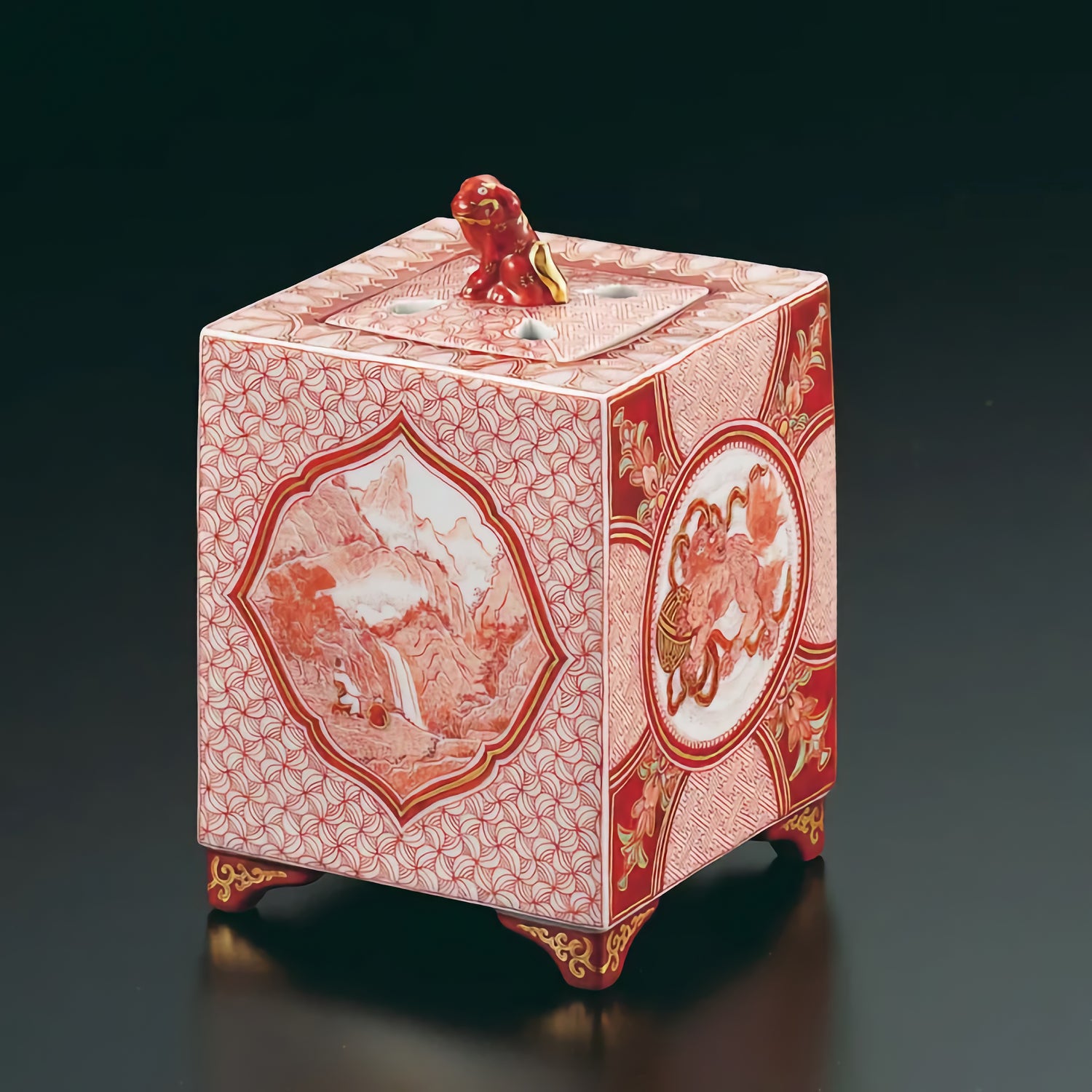 KUTANI WARE INCENSE BURNER “KANBAKU-ZU” HAND-PAINTED BY BUZAN FUKUSHIMA | WITH PAULOWNIA WOOD BOX (WITH RIBBON SLOTS)