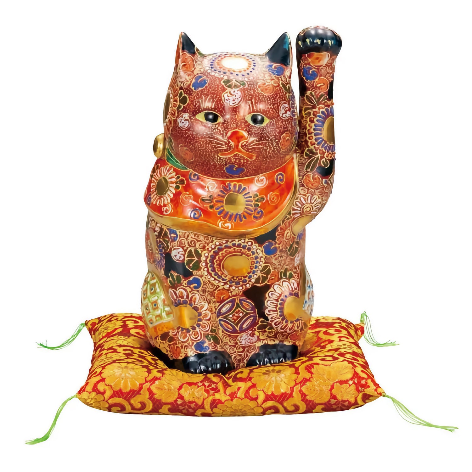 KUTANI WARE MANEKI NEKO – JAPANESE LUCKY CAT FIGURINE WITH MORI DECORATION, HAND-PAINTED PORCELAIN WITH CUSHION