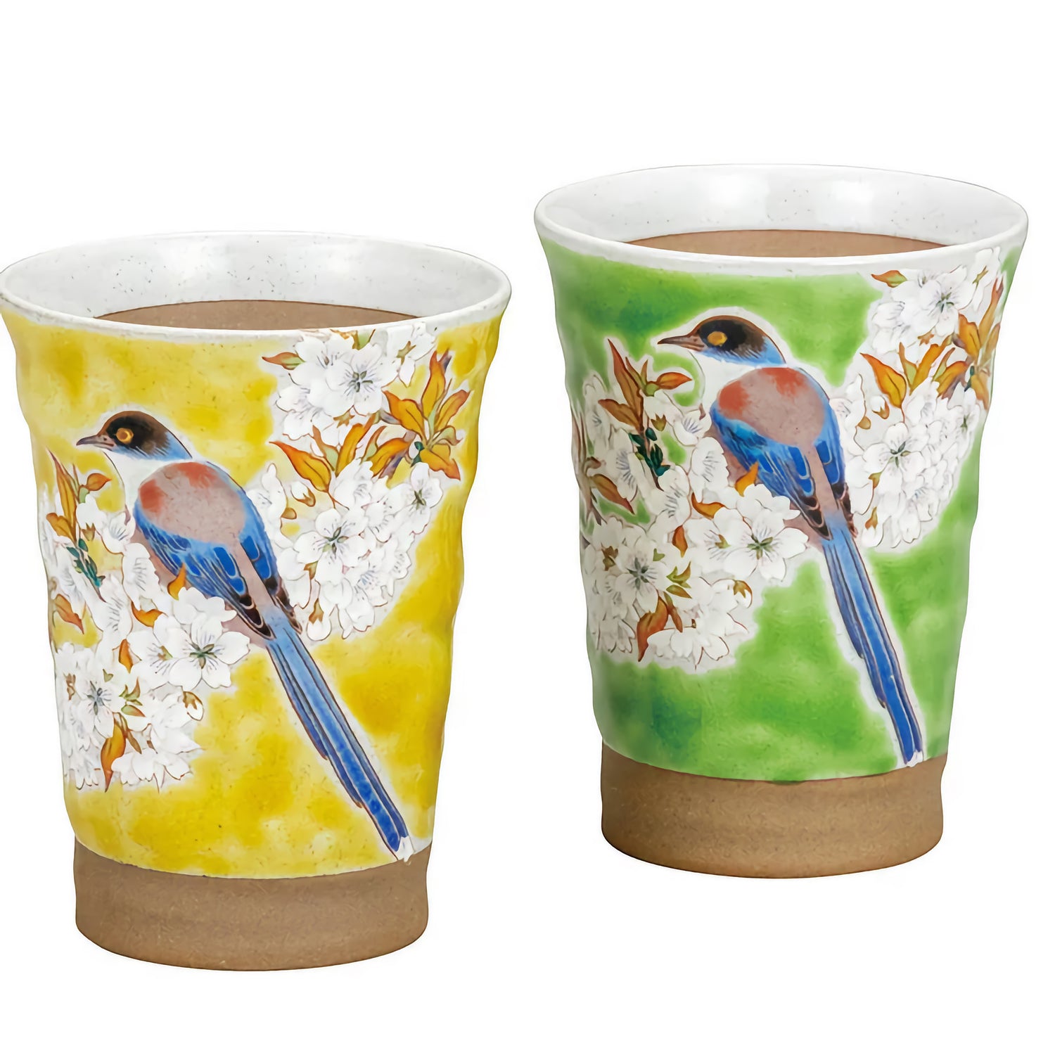 KUTANI JAPANESE PAIR OF FREE CUPS OVERGLAZE ENAMEL PAINTING BIRDS WITH CHERRY BLOSSOMS
