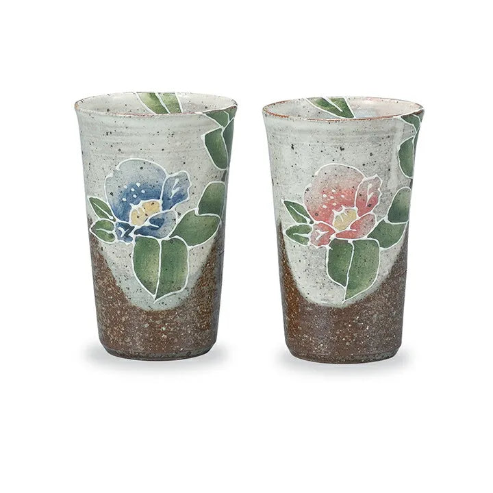 JAPANESE KUTANI WARE PAIR FREE CUPS – “MORITSUBAKI” CAMELLIA DESIGN BY SHIHO AIKAWA