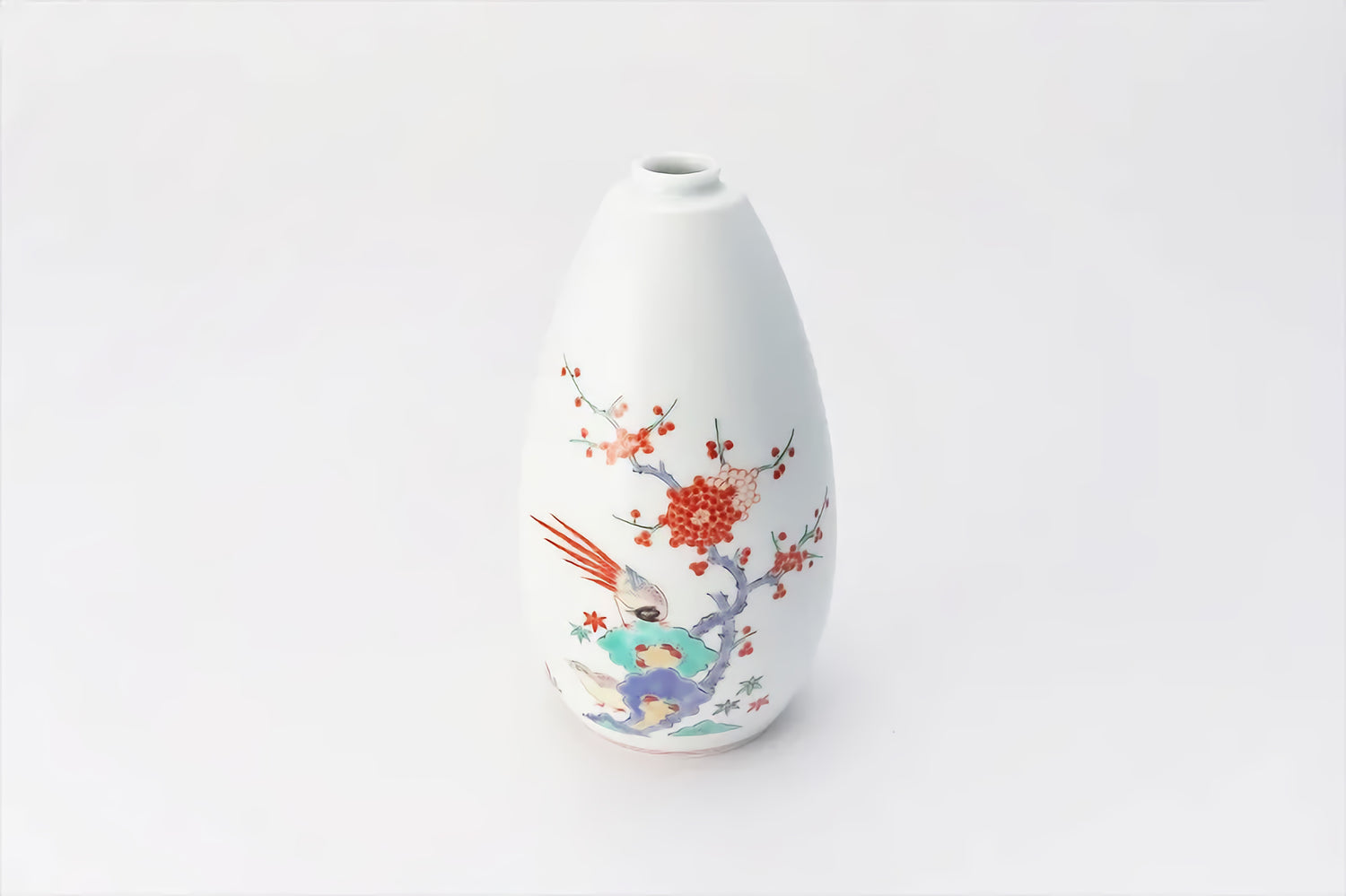 ARITA WARE HANGING BELL-SHAPED SINGLE FLOWER VASE “UME & BIRD” DESIGN – KAKIEMON KILN (MEDIUM)