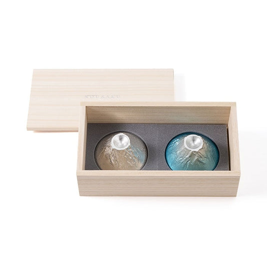 NOUSAKU FUJIYAMA SAKE CUP SET – SILVER & BLUE (TIN / AOTEN) WITH PAULOWNIA BOX