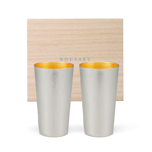 NOUSAKU JAPANESE TIN BEER CUPS WITH GOLD LEAF – SET OF 2|MADE IN JAPAN|PAULOWNIA WOOD BOX