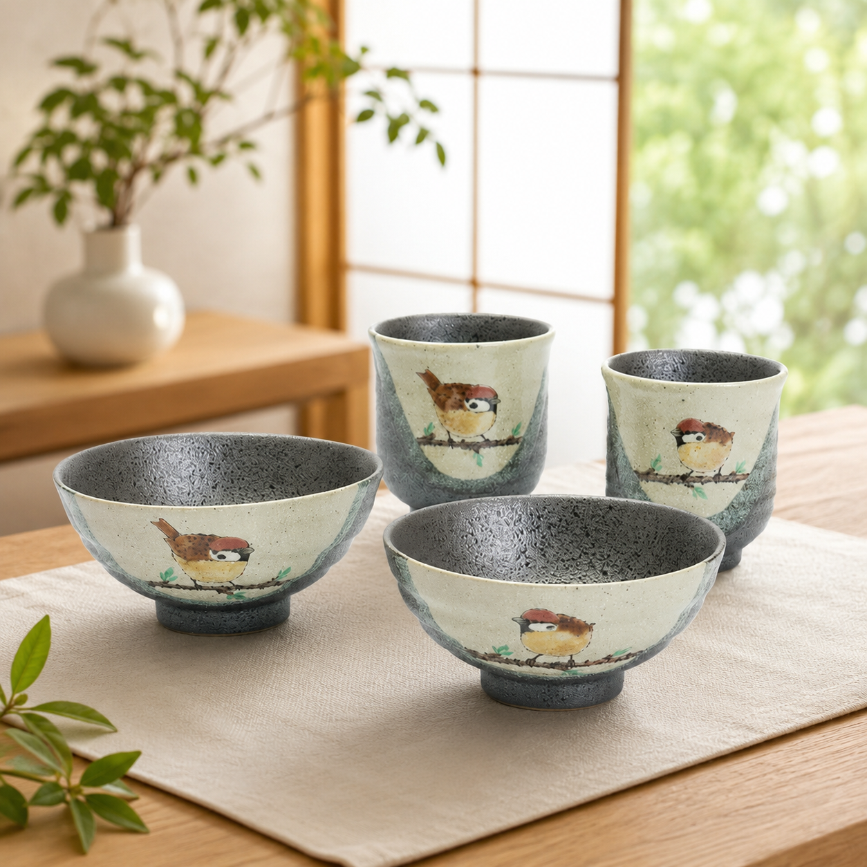 KUTANI WARE COUPLE DINING SET “FORTUNATE SPARROWS” (4-PIECE SET) / TOSHITO NAKAMURA