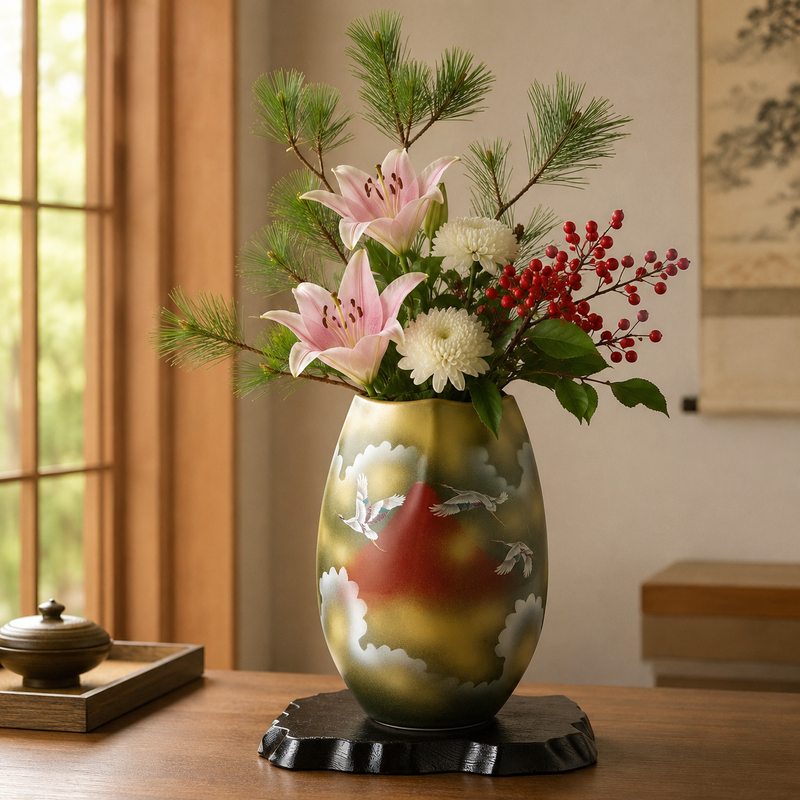 KUTANI WARE JAPANESE VASE RED MT. FUJI