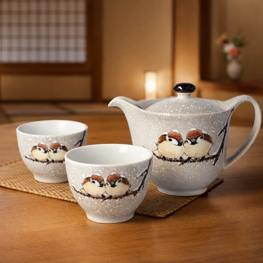 JAPANESE TEAPOT SET KUTANI TWO SPARROWS IN SNOW/ TOSHITO NAKAMURA