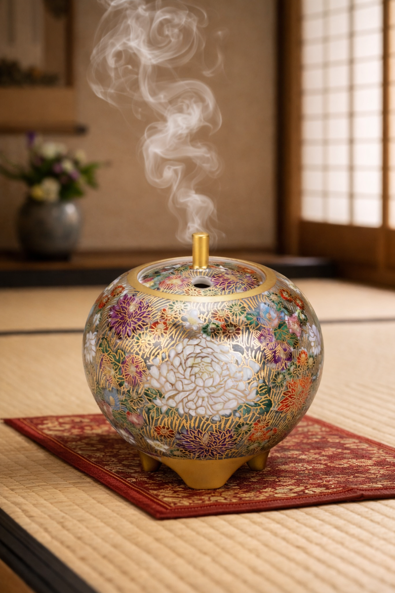 KUTANI WARE MINI INCENSE BURNER – HONKIN HANAZUME (GOLD FLORAL) BY SHINZAN  IN WOODEN BOX