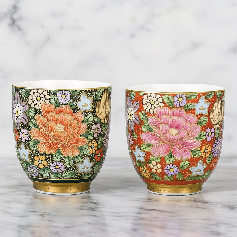 JAPANESE KUTANI YUNOMI SET HANAZUME STYLE