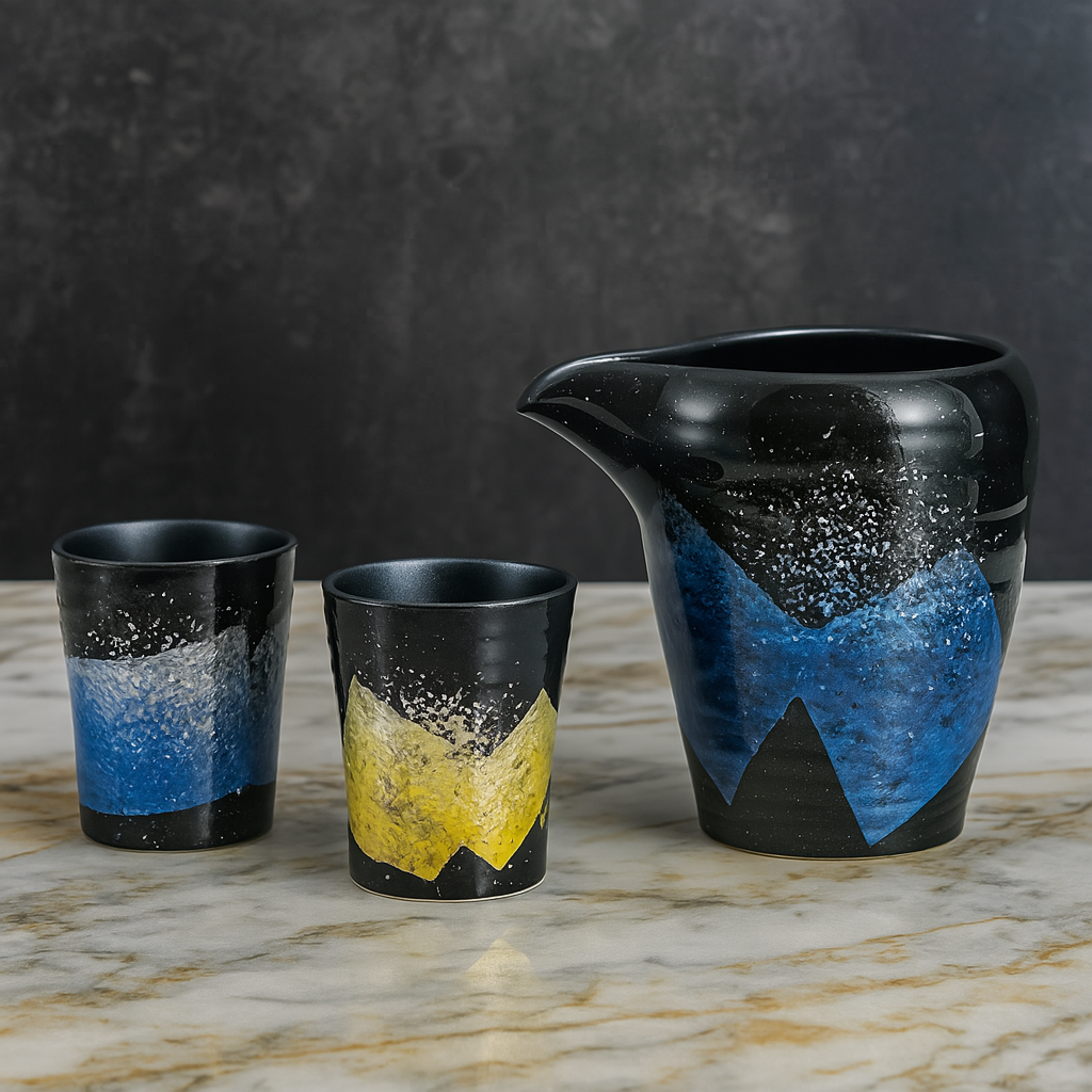 JAPANESE SAKE SET KUTANI SILVER BLUE