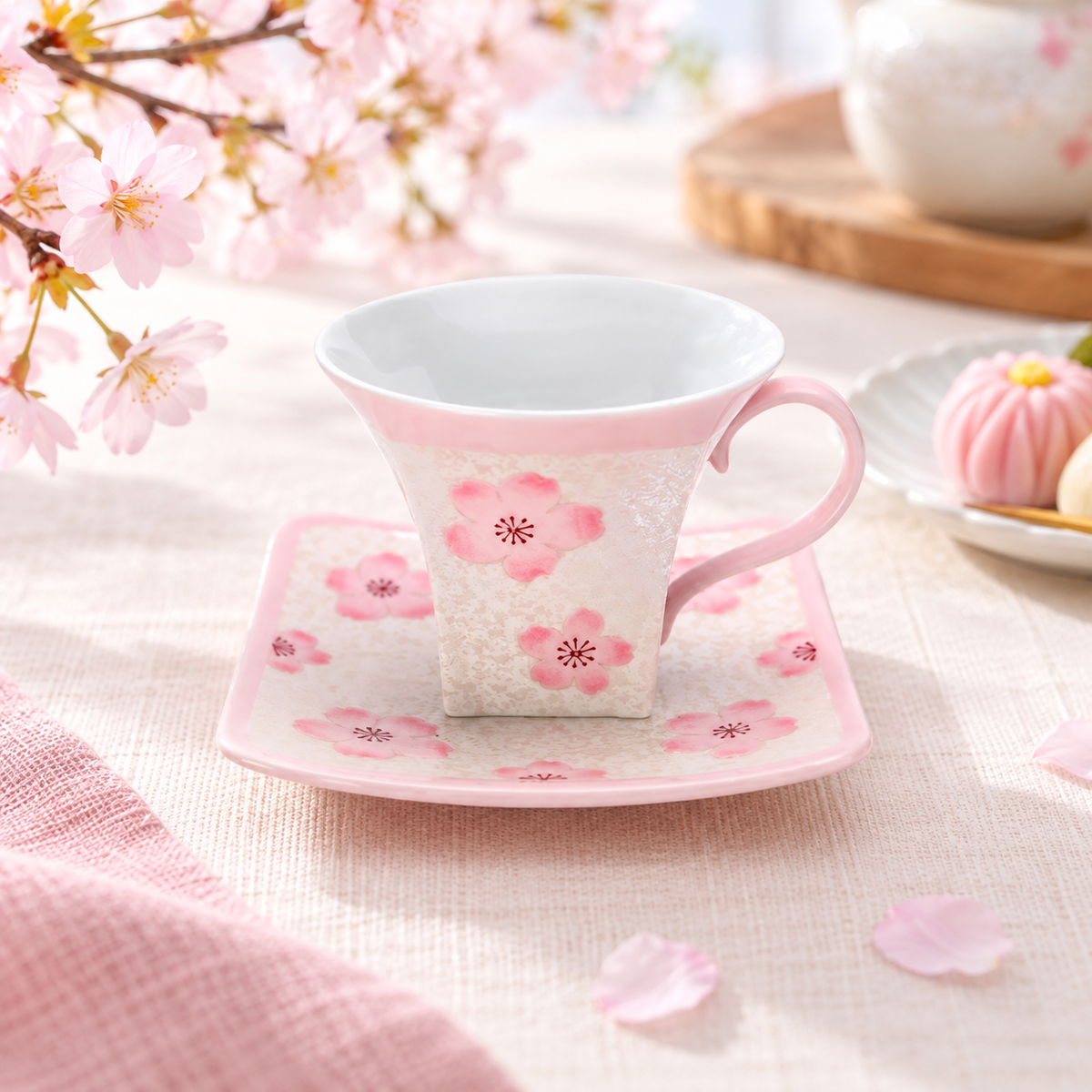 ARITA WARE JAPANESE  COFFEE CUP & SAUCER – PALE PINK GLAZE WITH IRIDESCENT CHERRY BLOSSOM DESIGN / TASEI KILN