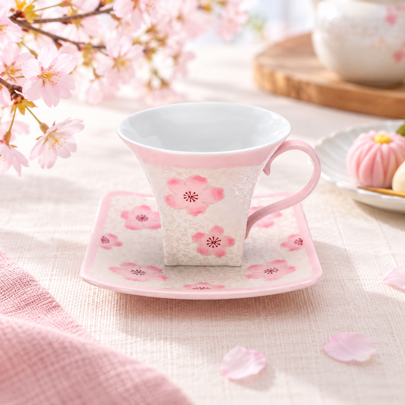 ARITA WARE JAPANESE  COFFEE CUP & SAUCER – PALE PINK GLAZE WITH IRIDESCENT CHERRY BLOSSOM DESIGN / TASEI KILN