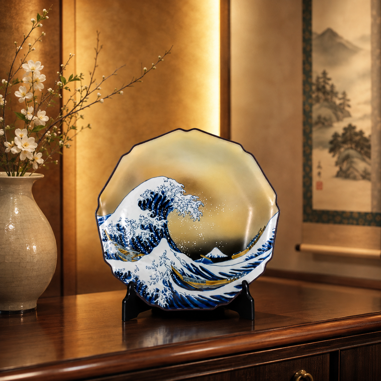 KUTANI WARE DECORATIVE PLATE - HOKUSAI DESIGN, BIZAN KILN,