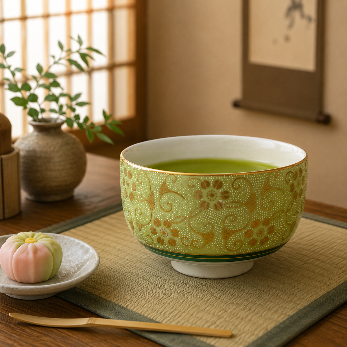 KUTANI WARE MATCHA BOWL (CHAWAN) - SHIROCHIBU TESSEN KIMIDORI