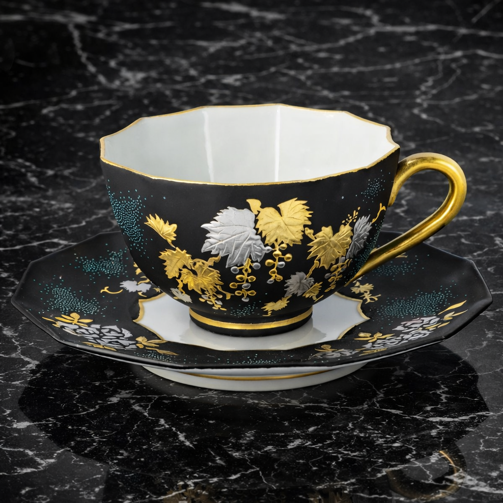 KUTANI WARE DODECAGONAL COFFEE CUP & SAUCER – SHIROGANE MORI GRAPE & ROSE DESIGN WITH AOTSUBU BLUE DOTS BY KINGYOKU NAKADA