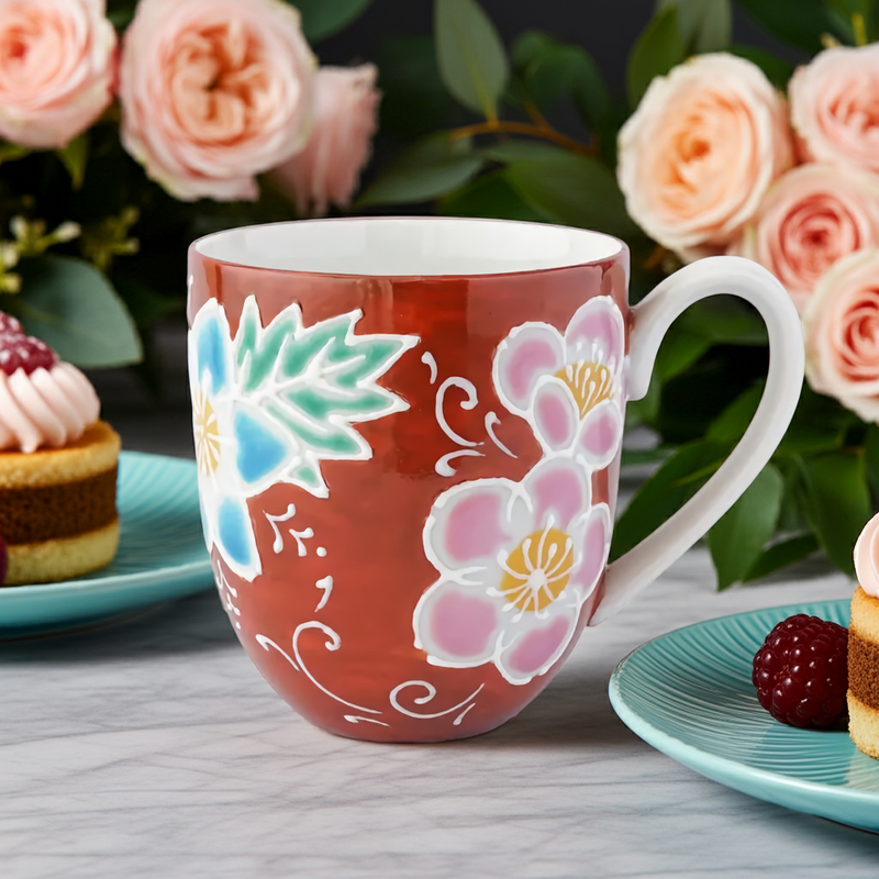 JAPANESE KUTANI PORCELAIN MUG CUP – RED BACKGROUND FLORAL PATTERN, SHIHO AIKAWA