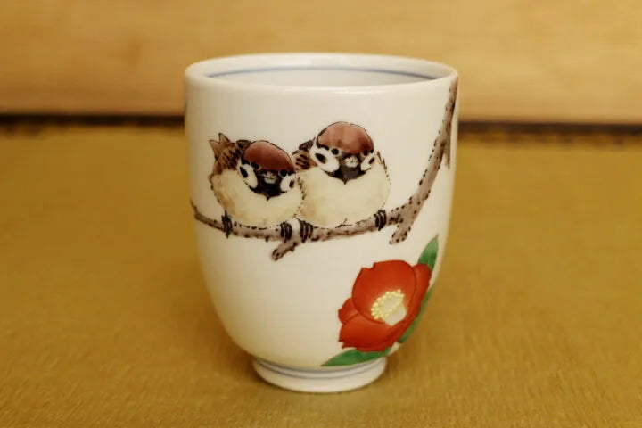 KUTANI WARE YUNOMI TEACUP (JAPANESE TEA CUP) “CAMELLIA & TWO SPARROWS” HAND-PAINTED BY TOSHITO NAKAMURA