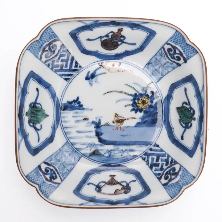 [IMPERIAL HOUSEHOLD PURVEYOR] KUTANI WARE SOMETSUKE PEACH BLOSSOM & BIRD DESIGN / CHOZA YAMAMOTO