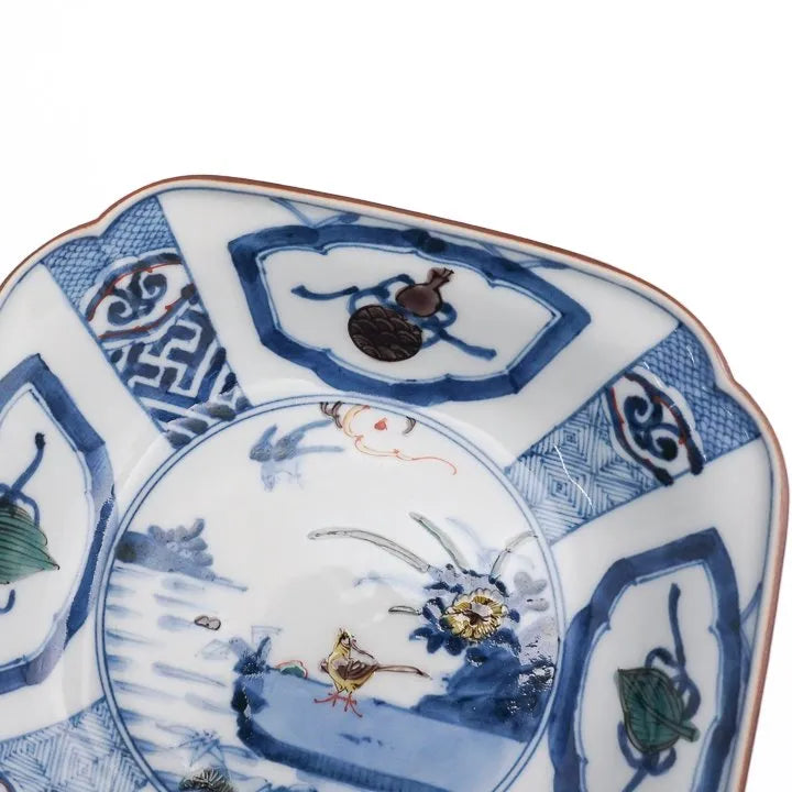 [IMPERIAL HOUSEHOLD PURVEYOR] KUTANI WARE SOMETSUKE PEACH BLOSSOM & BIRD DESIGN / CHOZA YAMAMOTO