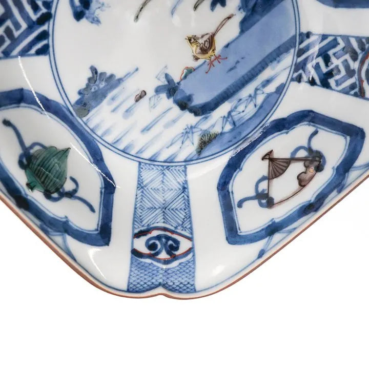 [IMPERIAL HOUSEHOLD PURVEYOR] KUTANI WARE SOMETSUKE PEACH BLOSSOM & BIRD DESIGN / CHOZA YAMAMOTO