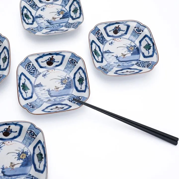 [IMPERIAL HOUSEHOLD PURVEYOR] KUTANI WARE SOMETSUKE PEACH BLOSSOM & BIRD DESIGN / CHOZA YAMAMOTO