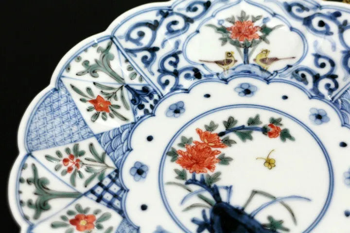 [IMPERIAL HOUSEHOLD PURVEYOR] KUTANI WARE IRO-E PANEL DESIGN WITH FLOWERS AND BIRDS / CHOZA YAMAMOTO