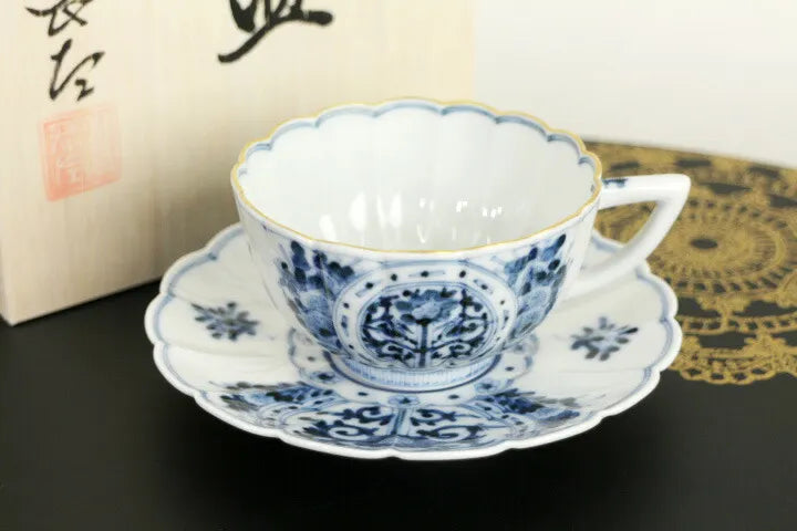 KUTANI WARE CUP & SAUCER – BLUE AND WHITE AUSPICIOUS DESIGN [IMPERIAL HOUSEHOLD PURVEYOR KILN] BY CHOZA YAMAMOTO