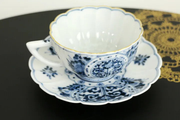 KUTANI WARE CUP & SAUCER – BLUE AND WHITE AUSPICIOUS DESIGN [IMPERIAL HOUSEHOLD PURVEYOR KILN] BY CHOZA YAMAMOTO