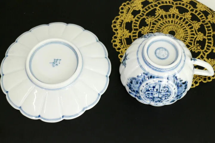 KUTANI WARE CUP & SAUCER – BLUE AND WHITE AUSPICIOUS DESIGN [IMPERIAL HOUSEHOLD PURVEYOR KILN] BY CHOZA YAMAMOTO