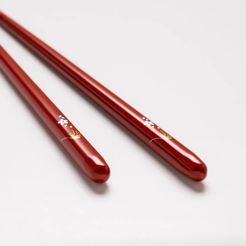 WAKASA-NURI CHOPSTICKS PAIR “SAKURA BLOOM” SAKURA & MT. FUJI PAIR WITH RAKUGAN CHOPSTICK RESTS
