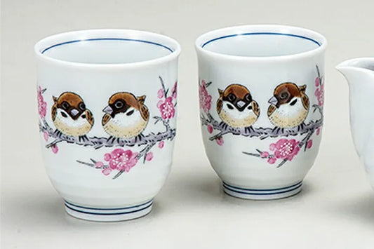 JAPANESE TEAPOT SET KUTANI SPARROW (WITH NET COVER)