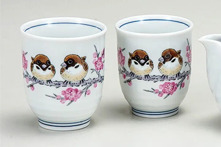 JAPANESE TEAPOT SET KUTANI SPARROW (WITH NET COVER)