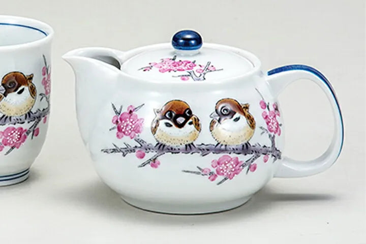 JAPANESE TEAPOT SET KUTANI SPARROW (WITH NET COVER)