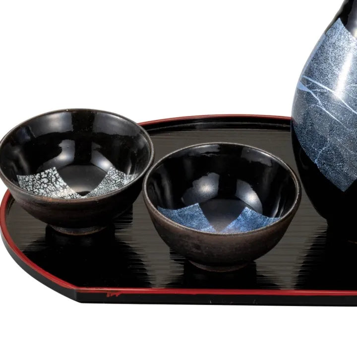 KUTANI WARE SAKE SET – GINSAI SILVER GLAZE (WITH TRAY, GIFT BOX INCLUDED)